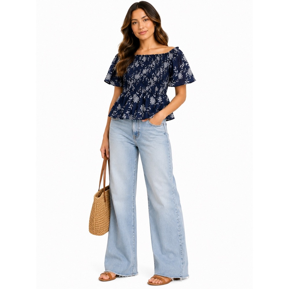 Chenault Blouse Womens 1X Navy Blue Floral Smocked Off Shoulder Peasant Boho Top